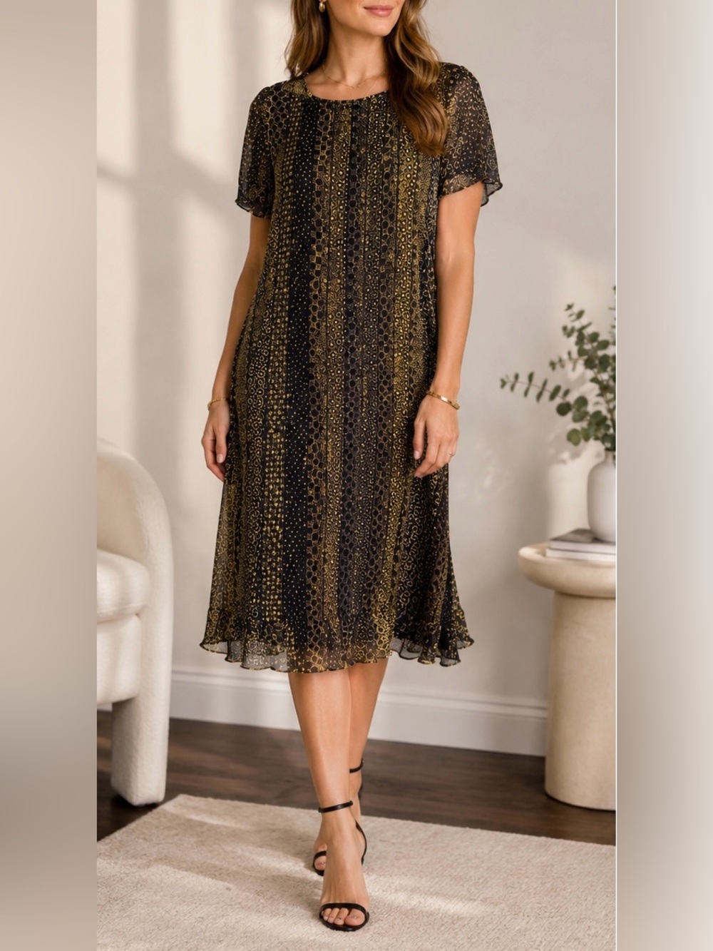Sandra Darren Black and Gold Dress- large